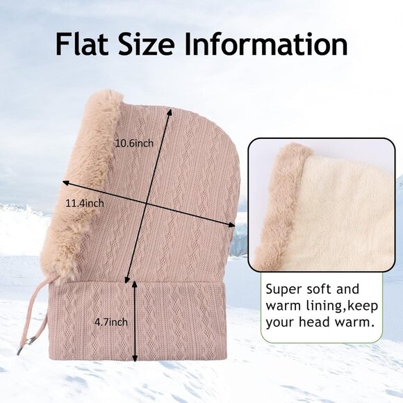 Women Beige Polyester Warm Thick Fluff Beanie Adult Neck Face Winter Balaclava - Picture 7 of 7